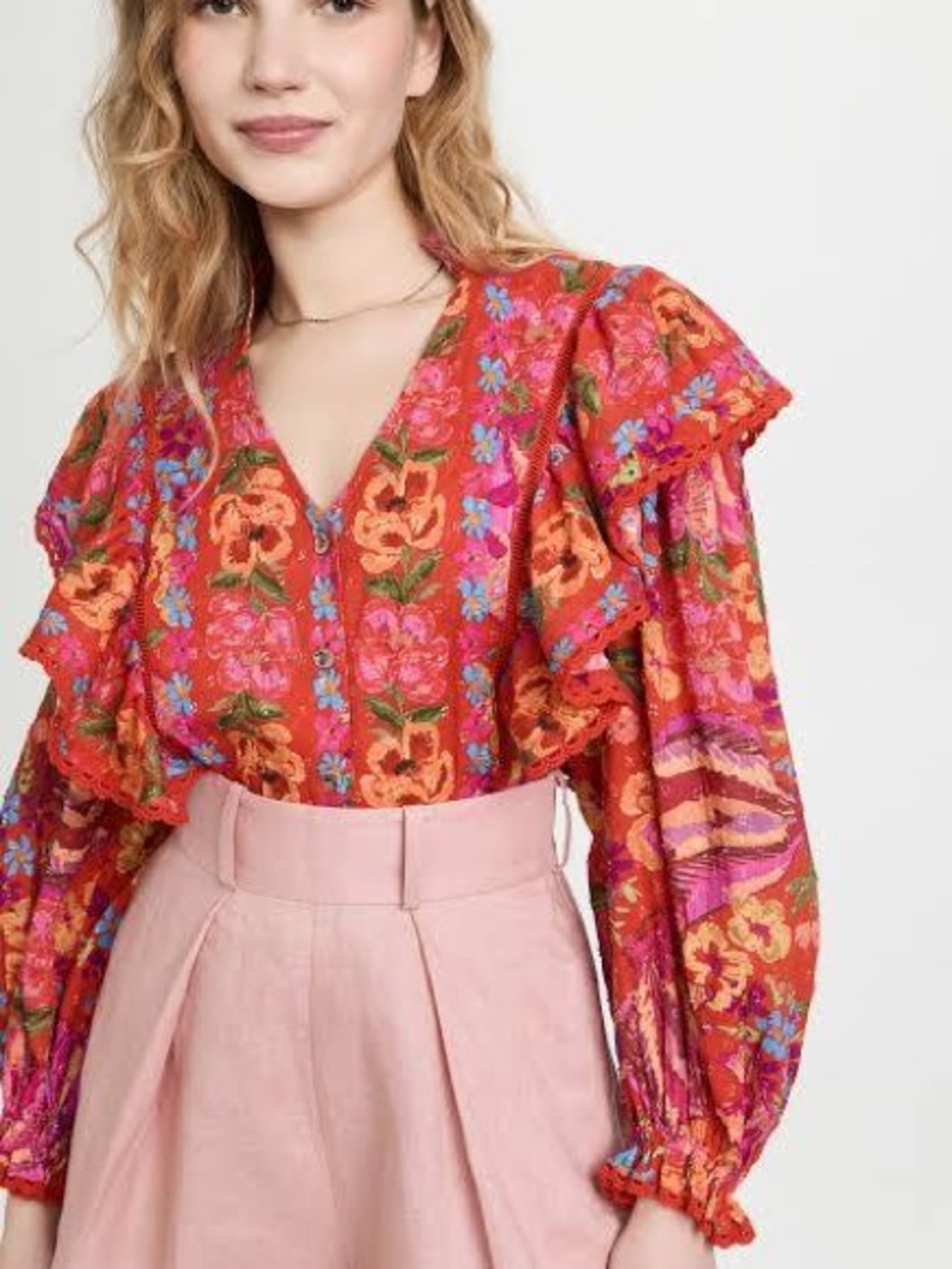 FARM Rio Red Floral Ruffle V-Neck Blouse with Pink Accents